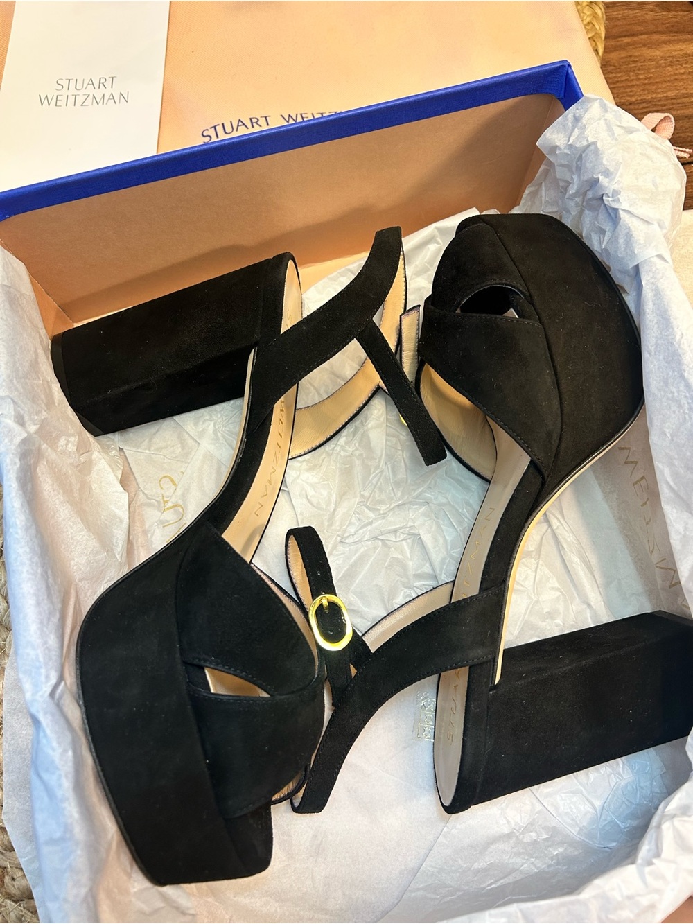 Stuart Weitzman Black Suede Platform Block-Heel Sandals (sz 8) - Picture 3 of 14